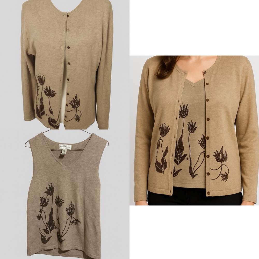 RENA ROWAN Angora Silk Rabbit Hair 2 Piece W Small Beige Floral‎ Embroid Sweater